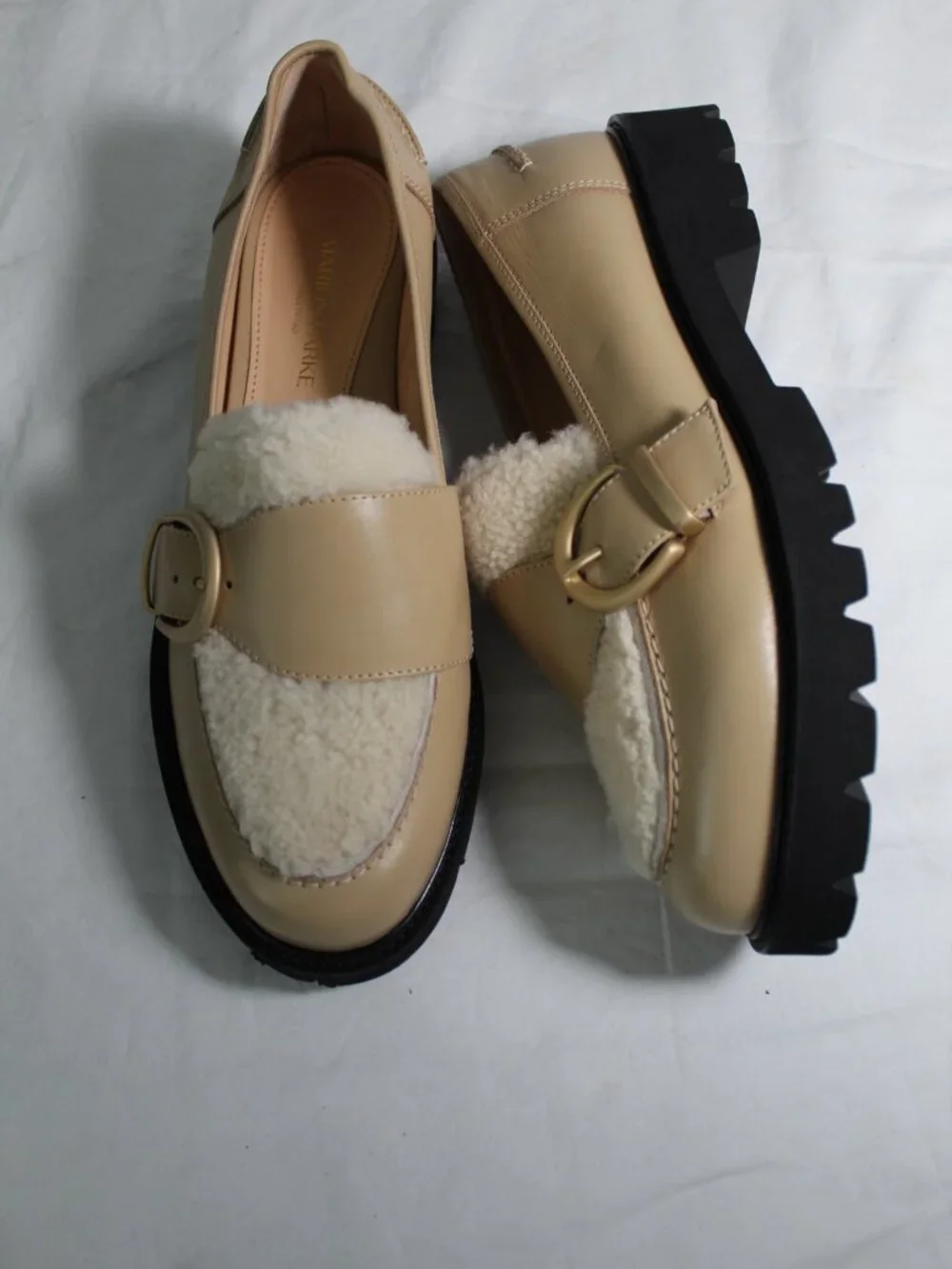 NEW Marion Parke Sawyer Loafers Two Tone Buckle Shearling Vamp Flats Slip Ons 40